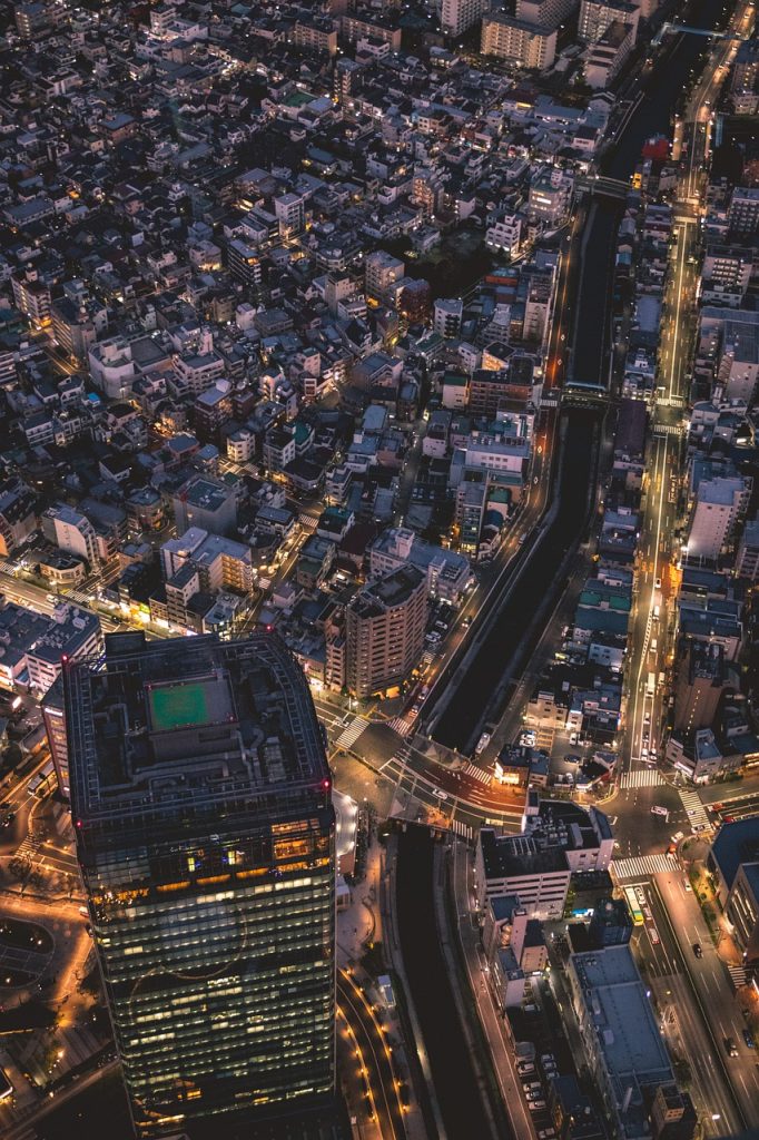 skyline, night, big city